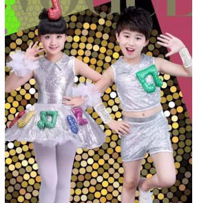 Girls kids silver sequin jazz dance musical note costumes for children modern dance tutu skirts cheerleaders stage performance outfits